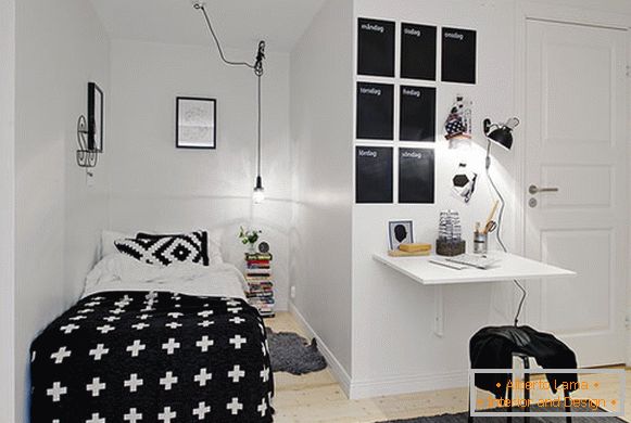 Moderna mala spavaća soba u crnoj i beloj boji