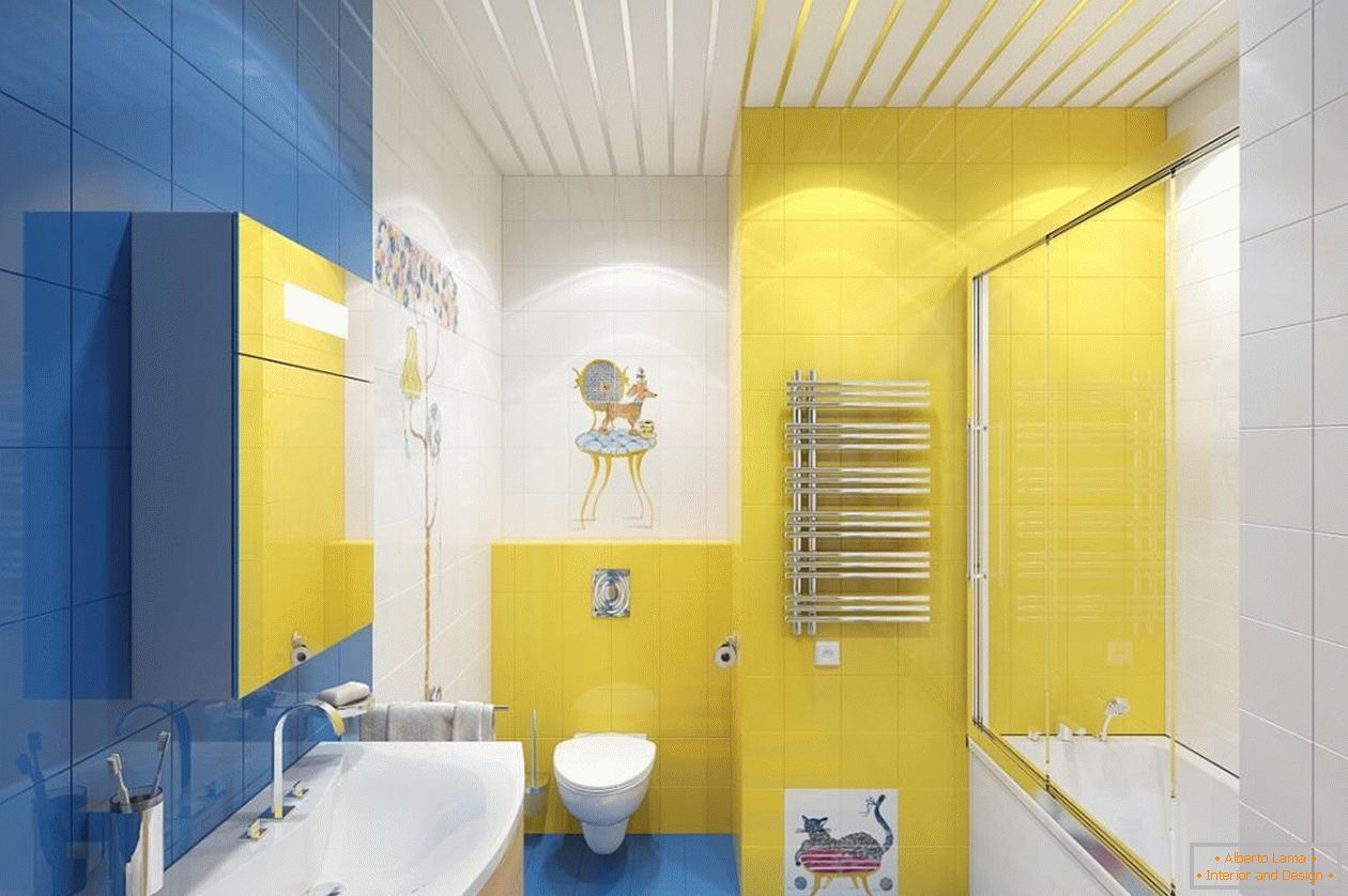 Plava, žuta i bela u unutrašnjosti kupatila