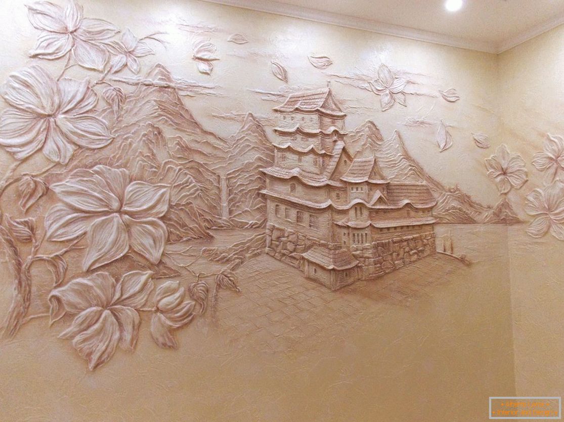 Volumetrijsko crtež sa kucom i drvećem iz dekorativnog maltera