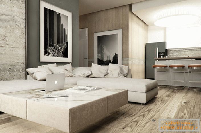 Uzdržan dizajn sofa u visokotehnološkom stilu važan je za puno identičnih jastuka iste boje kao i tapacirunga. 