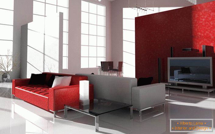 Kontrastna boja blistavosti u visokotehnološkom stilu je zanimljiva i na zahtev. Svetlo crvena sofa na kromnim nogama idealna je za ukrašavanje modernog enterijera.