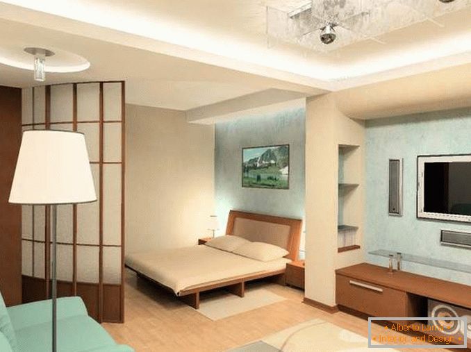 Dizajn jednosobnog stana u Hruščovu - fotografija sobe sa krevetom