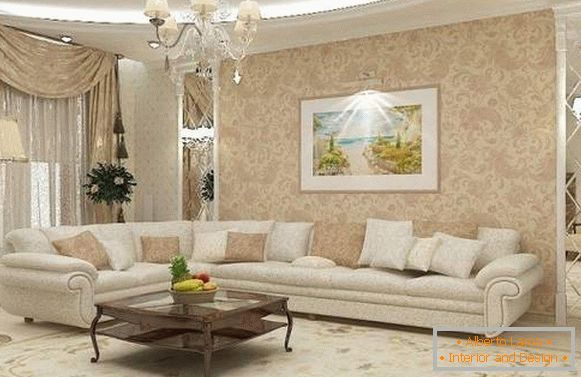 Klasičan dizajn dnevne sobe u privatnoj kući u bijeloj i bež boje