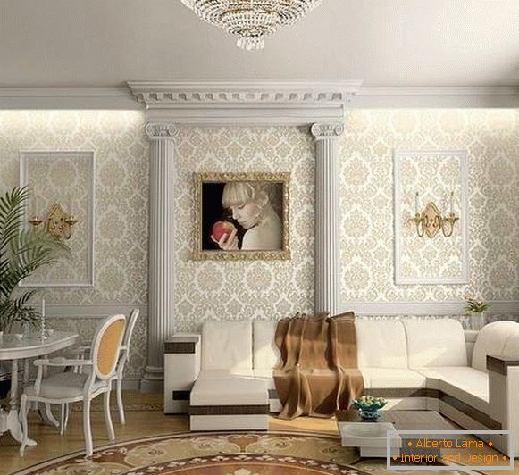 Klasičan dizajn dnevnog boravka u privatnoj kući sa dekoracijom štukature