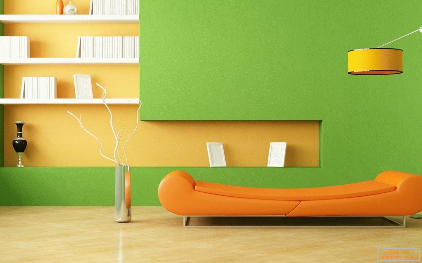 Narandžasti sofa i zeleni zidovi