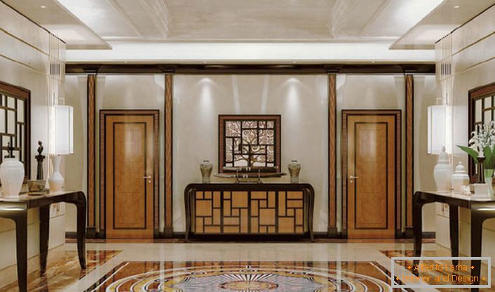 Luksuzna dekoracija hodnika u stilu art deco sa notama klasika. Elegantan, rafiniran enterijer bez viška dekorativnih detalja izgleda skup i pretenciozan.
