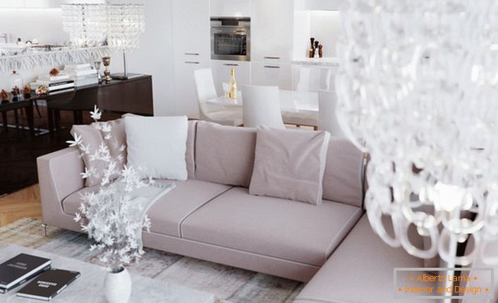 Luksuzan, glamurozan dizajn sobe za goste u stilu art deco sa pravilno odabranim osvetljenjem. Art deco stil