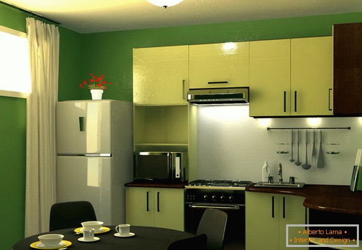 Zelena je boja mira i harmonije. Kuhinja površine 9 kvadratnih metara u ovoj šemi boje - odlično rešenje za dizajn bilo kog gradskog stana.