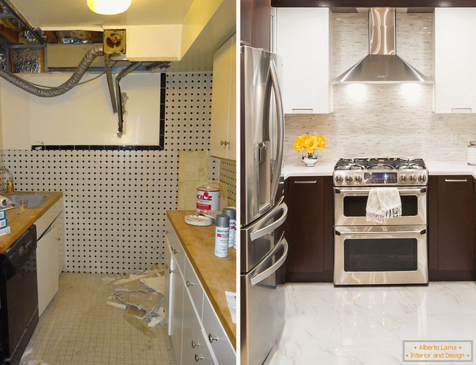 Unutrašnji dizajn male kuhinje pre i posle popravke