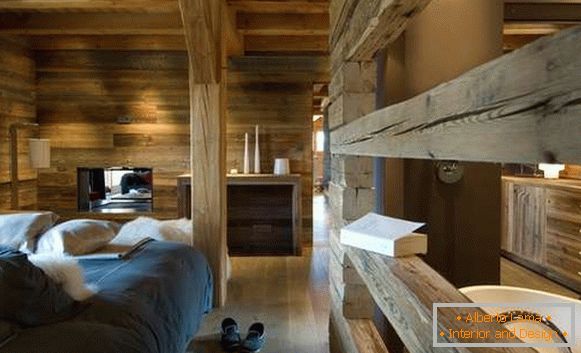 Dizajn unutrašnjosti kuće u stilu planinarenja - spavaća soba i kupatilo