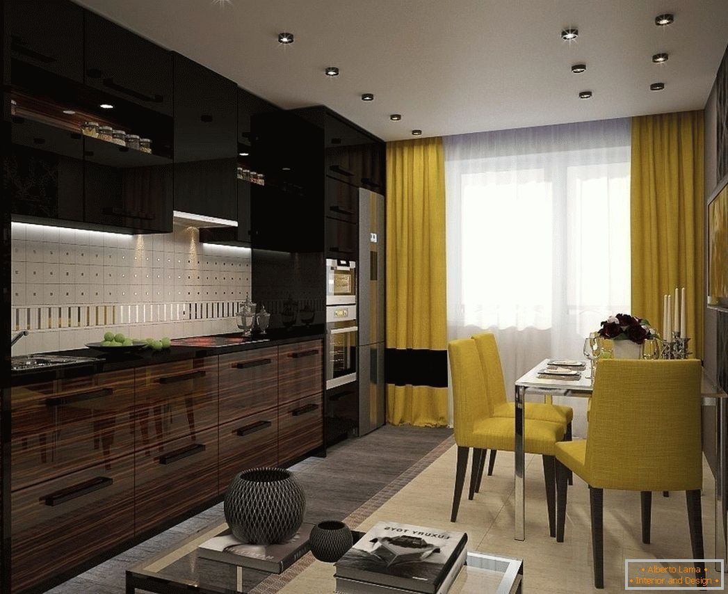 Crna i žuta unutrašnja kuhinja