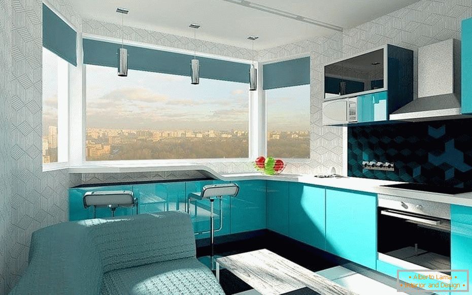 Dizajniran dizajn kuhinje u jagodičastom okruženju sa prozorskim okvirom sa šankom na prozoru