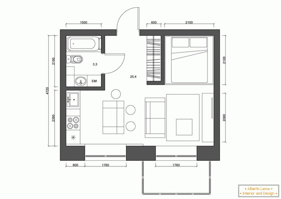 Raspored apartmana 30 kvadratnih metara. m crno-belo