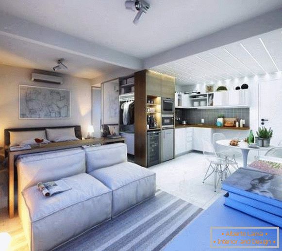 Ideje za dizajn studio apartmana 30 m2 - fotografija dnevnog boravka, spavaće sobe i kuhinje