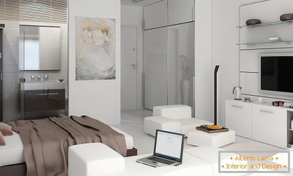 Dizajn studio apartman površine 25 kvadratnih metara u bijeloj boji i lagane boje