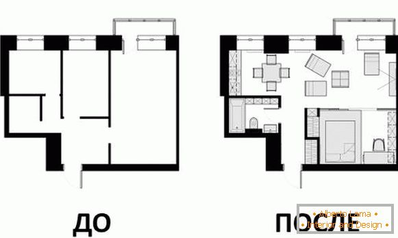 Dizajniran dizajn apartmana 40 m2 - crtež prije i poslije