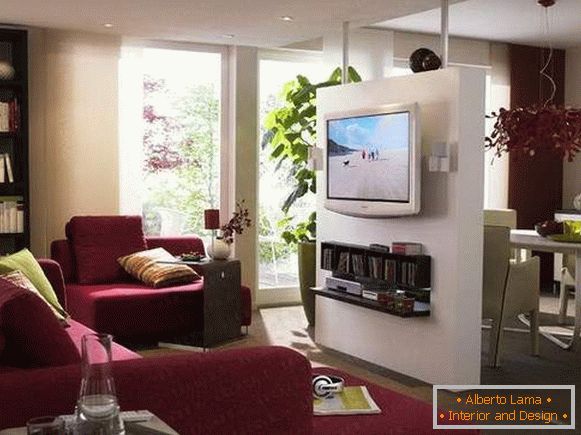 Dizajn jednosobnog stana - podijeljen u dvije zone uz pregradu sa TV-om
