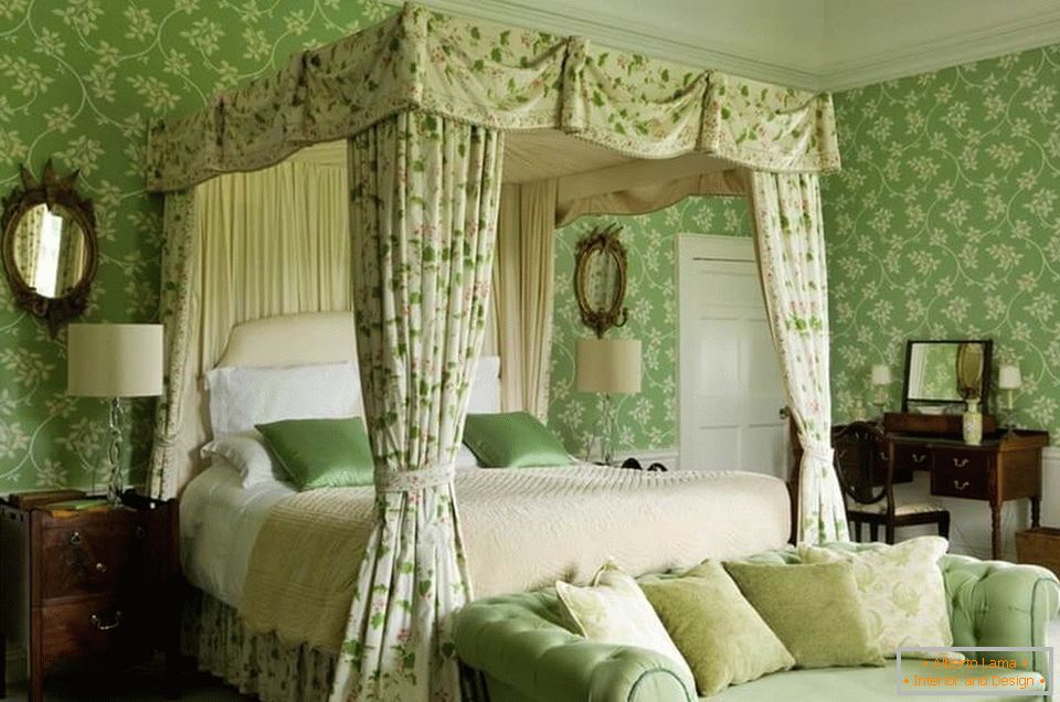 Enterijer spavaće sobe u zelenim bojama