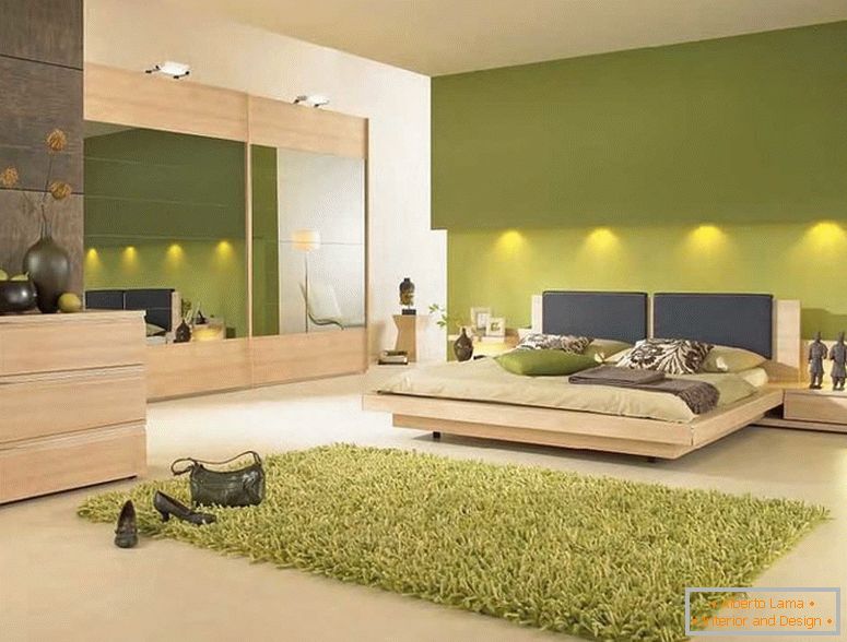 Enterijer spavaće sobe u zelenim bojama с подсветкой 