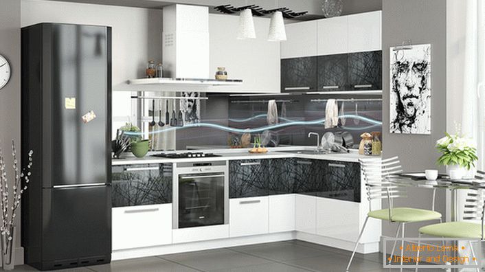 Moderna kuhinja je ukrašena pomoću modularne kuhinje. Ugaoni set vam omogućava da uštedite prostor.