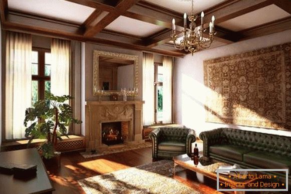 Unutrašnjost dnevne sobe sa kaminom u privatnoj kući - klasični stil