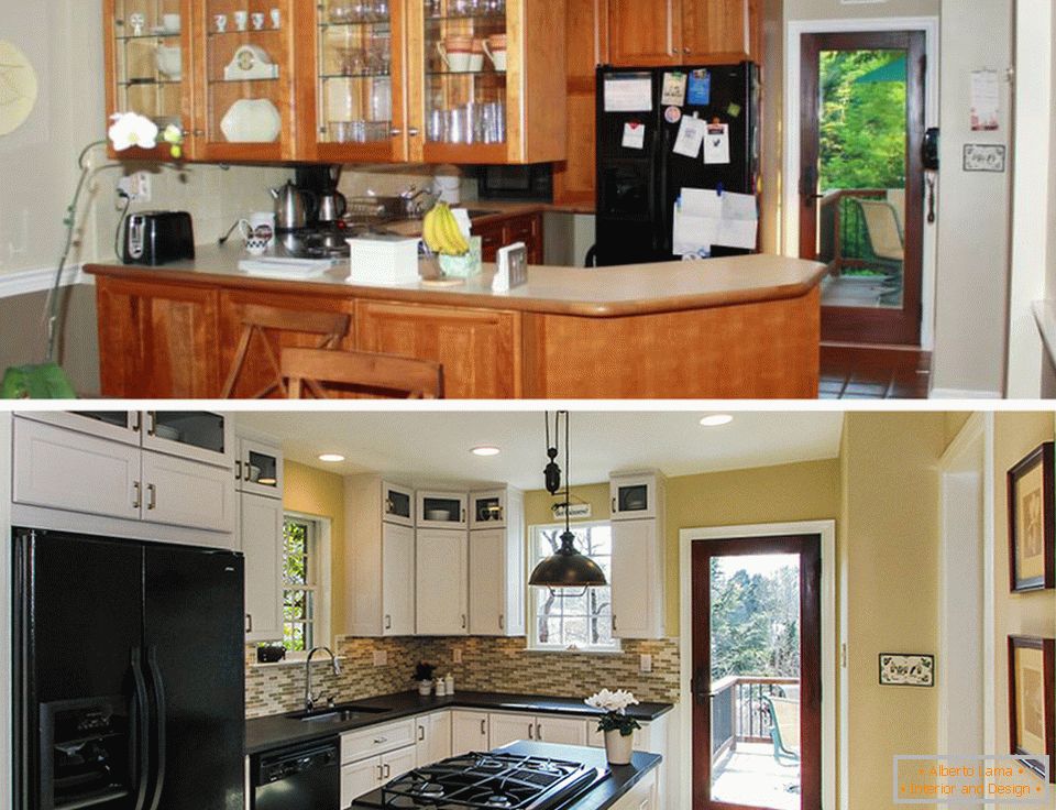 Unutrašnjost male kuhinje pre i posle popravke