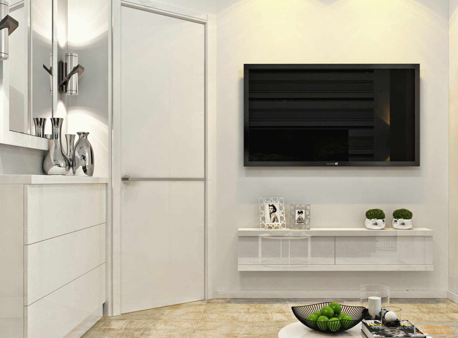 TV na zidu u unutrašnjosti belog minimalizma