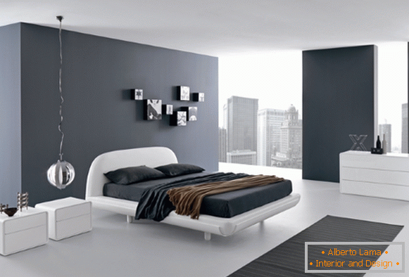 Crna i bijela spavaća soba u visokotehnološkom stilu