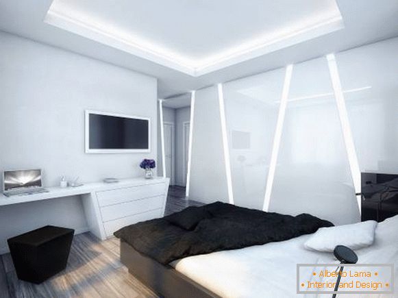 Futuristički enterijer spavaće sobe u visokotehnološkom stilu