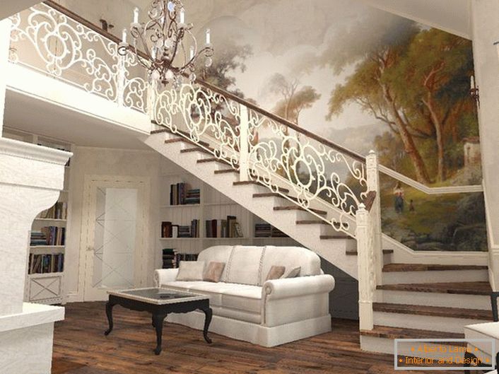 Udarna harmonija elegantnog stepeništa i unutrašnjosti kuće u mediteranskom stilu.