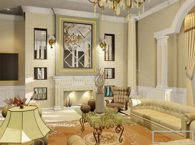 Dizajn enterijera dnevne sobe u privatnoj kući u klasičnom stilu