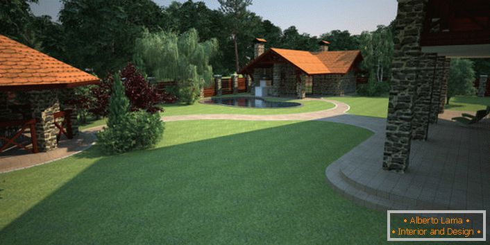 Dizajn dvorišta seoske kuće vrši se uzimajući u obzir sletanje engleskog travnjaka. 