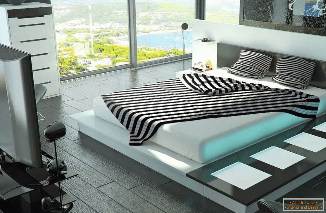 Spavaća soba sa velikim krevetom sa visokotehnološkim osvetljenjem