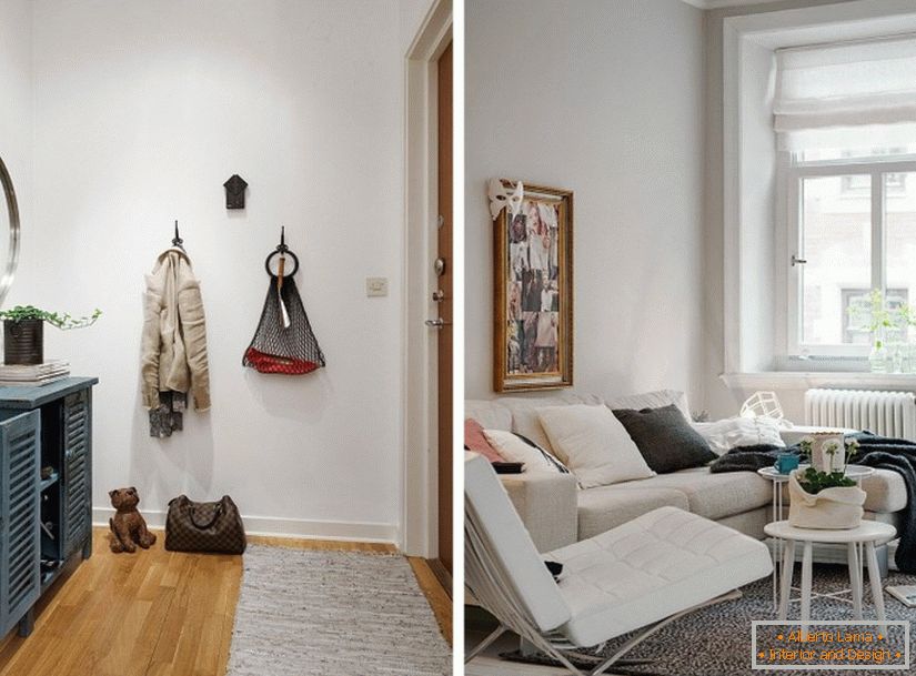 Ulazna sala i dnevni boravak studio apartmana u skandinavskom stilu