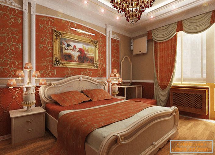 Spavaća soba u Empire stilu za mladu damu. Svetla boja korale u kombinaciji sa zlatnim obrascem čini dizajn zaista ekskluzivnim i elegantnim.