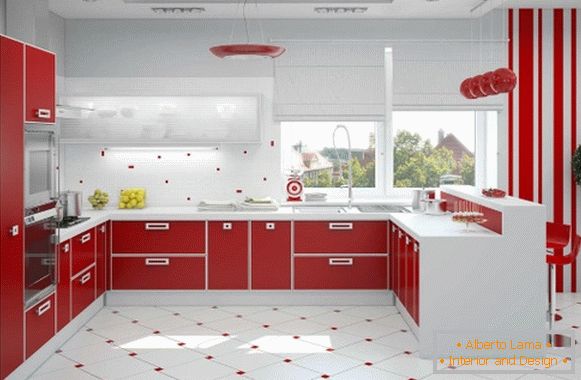 Dizajn crvene bele kuhinje fotografija 12