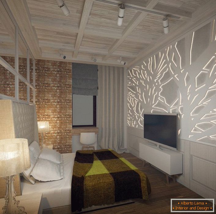 Spavaća soba je dizajnirana u skladu sa zahtevima u stilu potkrovlja. Pažnja privlači zidnu ploču iz gipsane ploče sa LED pozadinskim osvjetljenjem. 