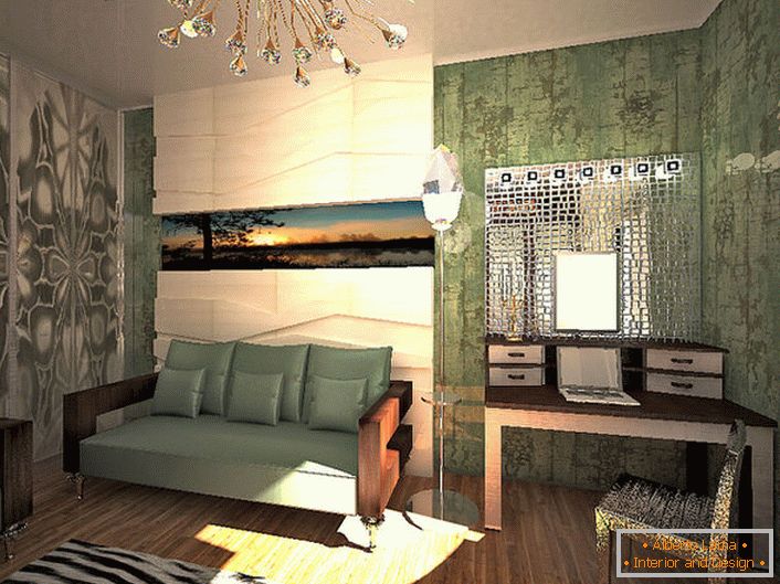 Zlatni sjaj u kombinaciji sa elementima kristala daje izvrsnu opciju osvjetljenja dnevne sobe u stilu hi-tech. 