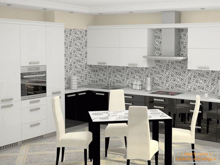 Bijela-crna kuhinja u visokotehnološkom stilu sa ugrađenim aparatima izgleda organski u celokupnom konceptu dizajnerske ideje. 