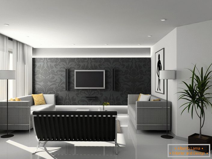 U dizajnu soba za goste u hi-tech stilu, koriste se pretežno striktni geometrijski oblici i nijanse sive boje.