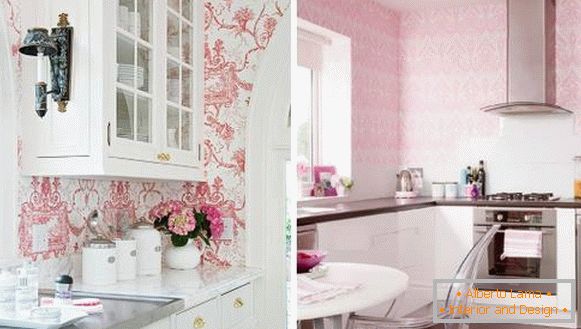 Ružičasta kuhinja sa tapetom na zidovima