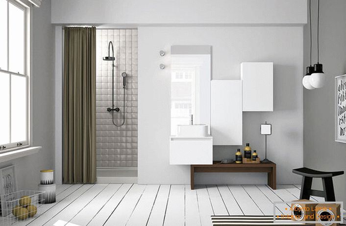 U unutrašnjosti kupatila u skandinavskom stilu, polirani pod je posebno atraktivan. 