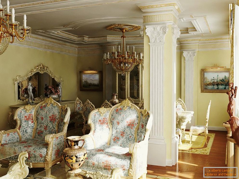 Izuzetan, luksuzno ispunjen barokni stil za gostinjsku sobu. Pravi primer osvetljenja za barokni stil.