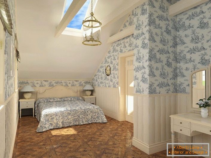 Ideja lakoničnog dizajna je spavaća soba u stilu države. Minimalan namještaj i pravilno odabrana završna obrada.