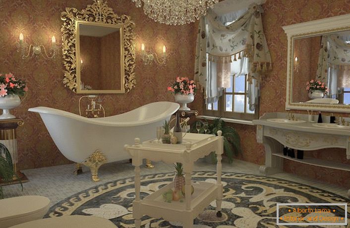 Dizajn projekat za stilsko kupatilo u stilu Empire. Odlično kupatilo na četiri opletene, zlatne noge, ogledalo u rezbarenom ramu, lusteri od kamenog kristala savršeno odgovaraju.