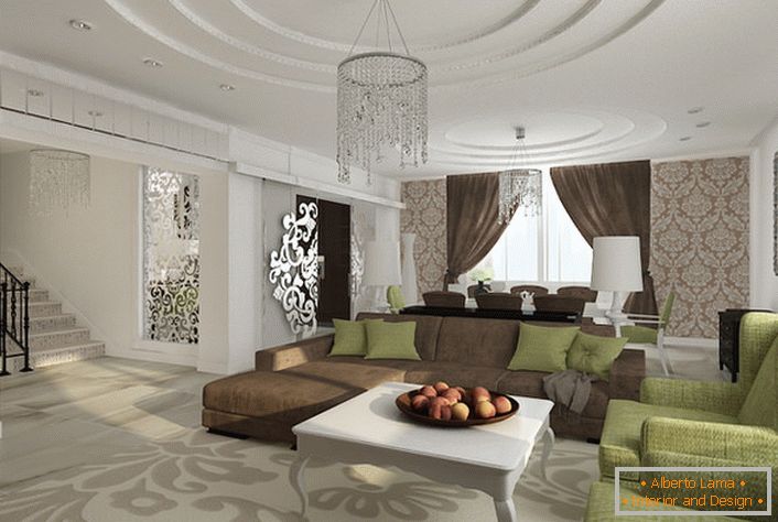 Luksuzna dnevna soba u stilu Empire. Višeslojni plafoni krasi dobro odabrano rasvjetu.