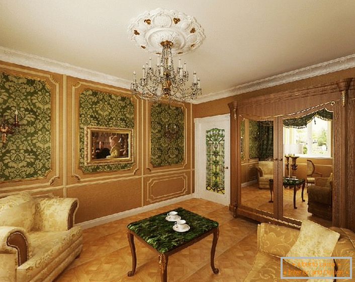 Plemenita zelena boja u kombinaciji sa žutim zlatom izgleda profitabilno u gostinskoj sobi u stilu ampera.