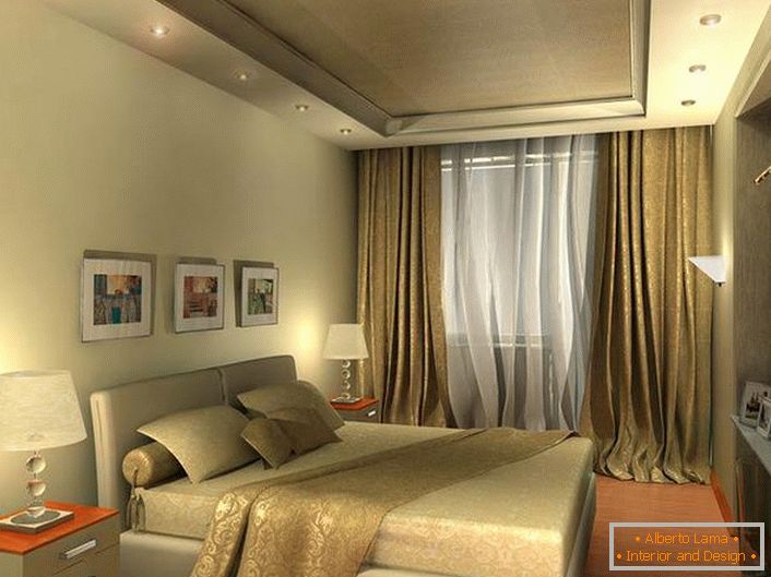 Svetla bež spavaća soba u visokotehnološkom stilu izgleda prostrano zbog dobro odabranog osvjetljenja.