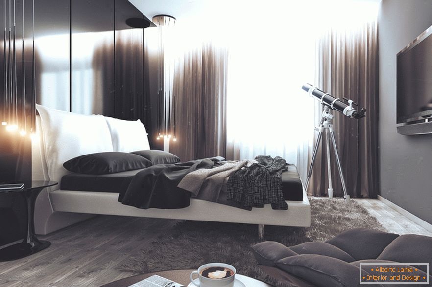 Spavaća soba u crno-beloj boji u stanu za uspešnog neženja u Rusiji