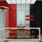 Enterijer kupaonica u crvenoj, crnoj i sivoj boji